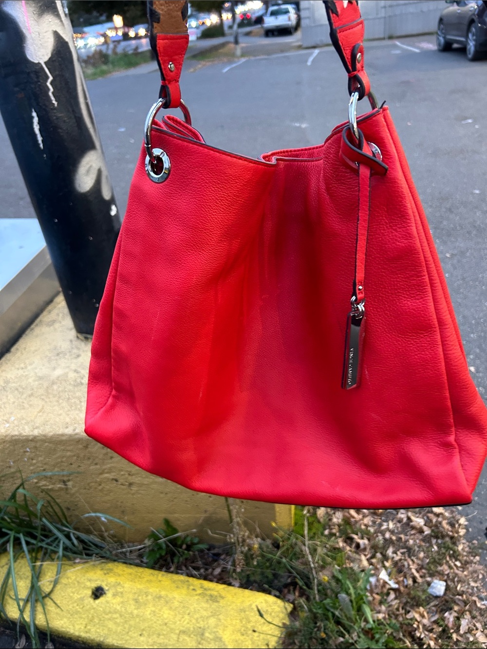 Vince Camuto Bright Red Leather Shoulder Hobo with Silver Rings - Picture 4 of 8